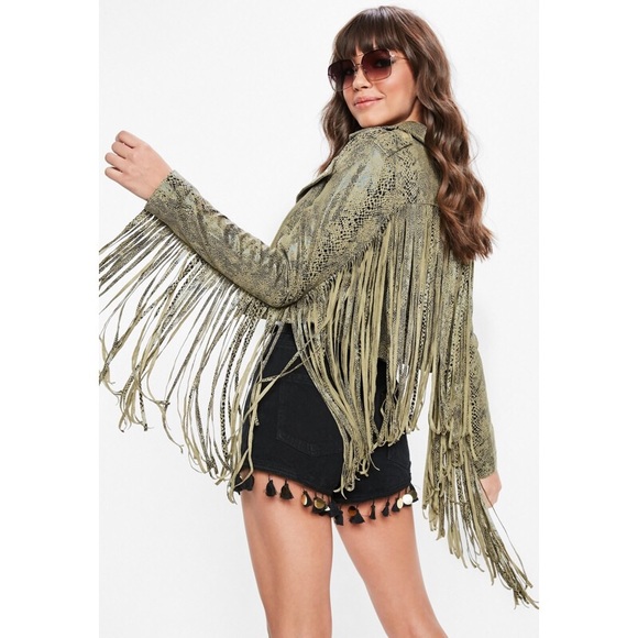 Missguided Jackets & Blazers - Missguided Snake Print Fringe Biker Jacket